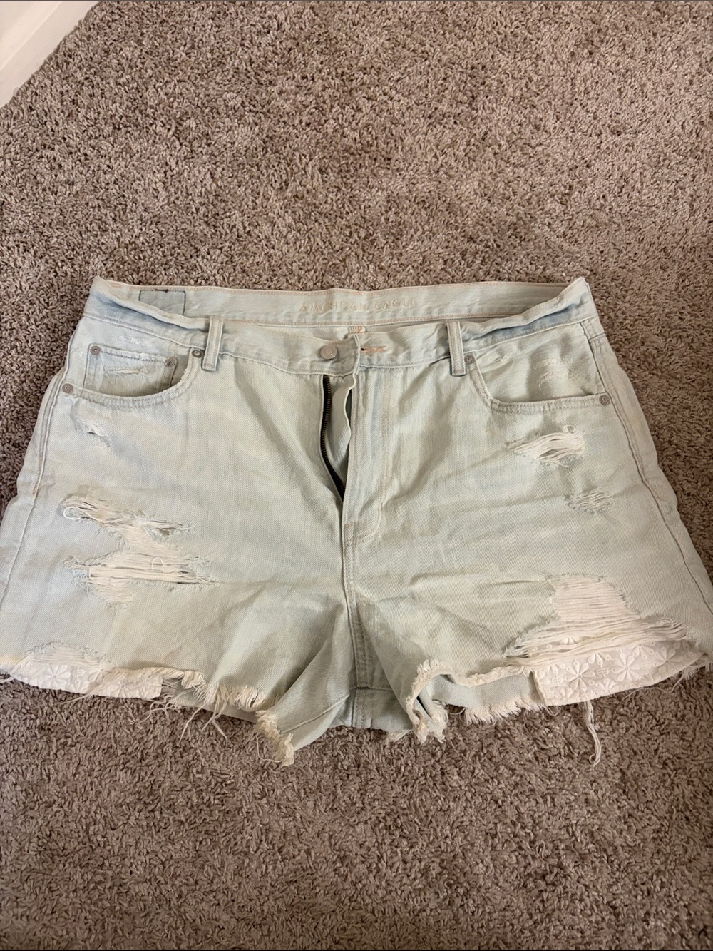American Eagle Outfitters Light Green Distressed Denim Shorts with Lace Trim